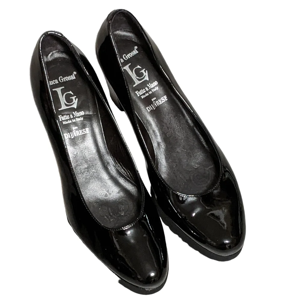 Luca Grossi black patent leather lug rubber platform heel loafer pump 40…